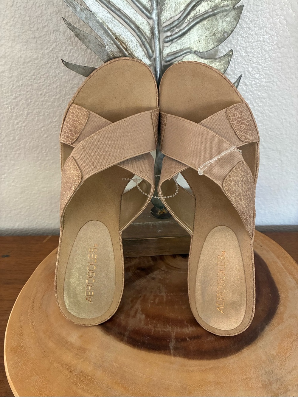 AEROSOLES Beige Tan Crisscross Slide Mules